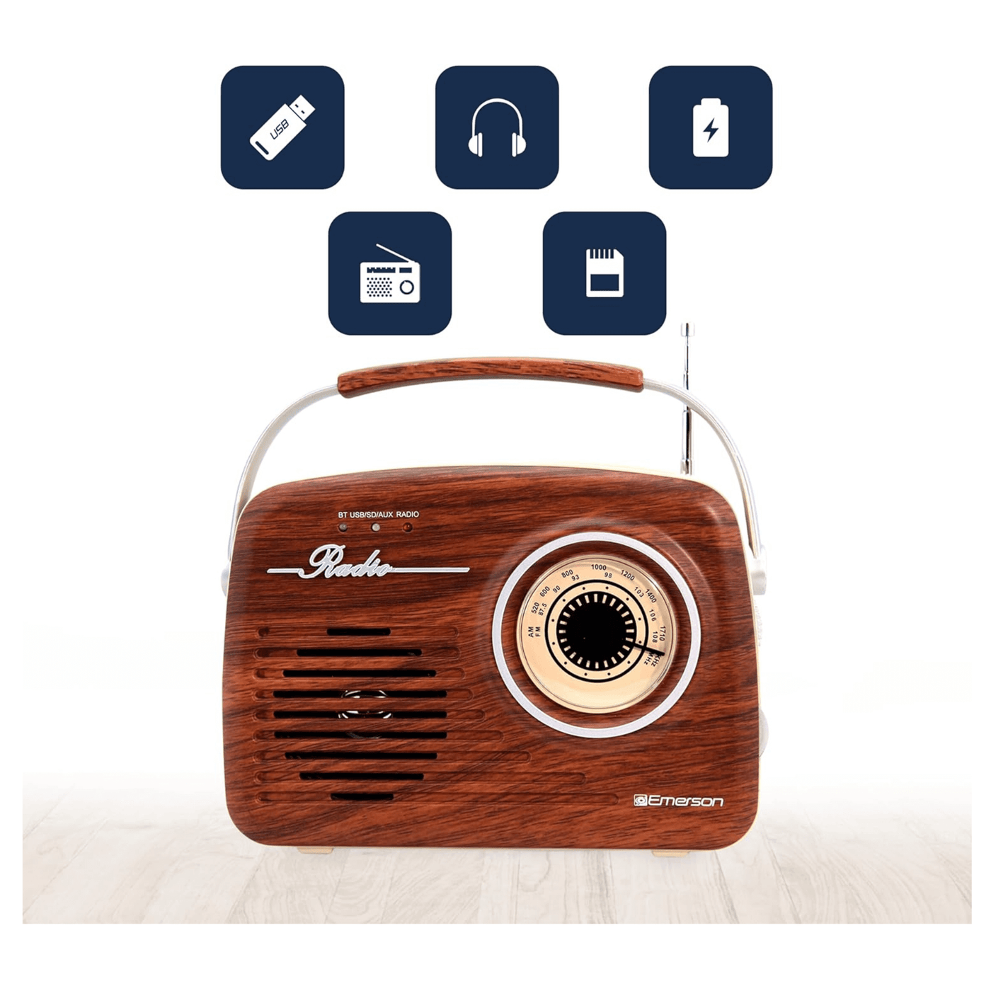 Emerson Portable Retro Radio with Built-In Rechargeable Battery and